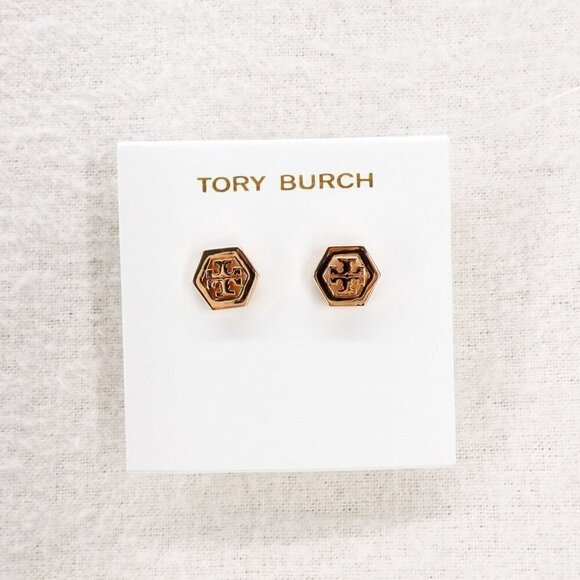 Tory Burch Hex-Logo Stud Earrings Rose Gold OS - Picture 1 of 15